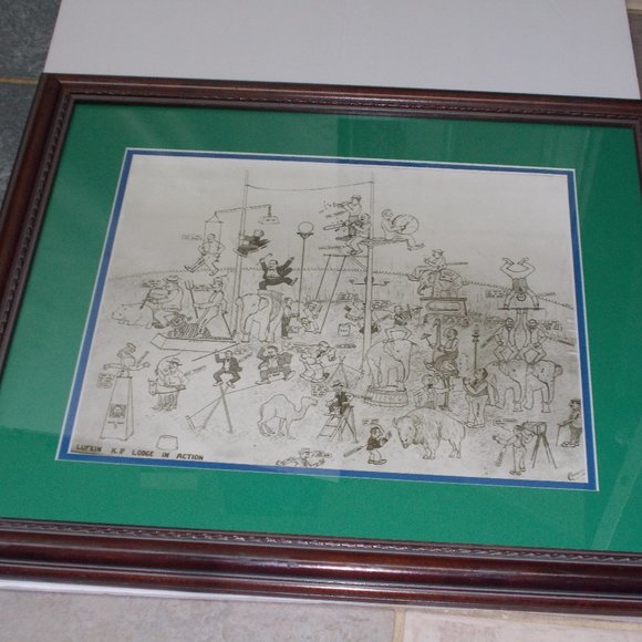 drawing illustration art Other - Unique "Lufkin K.P.. Lodge In Action" circus drawing matted & framed, signed